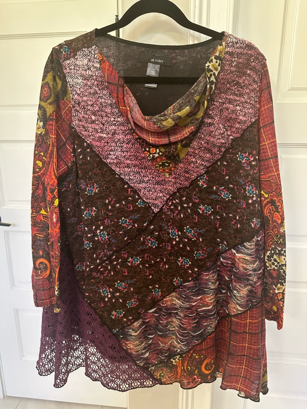Ali Miles Womens 1x Plus Patchwork Mixed Media Cowl Neck Top Tunic Boho Colorful